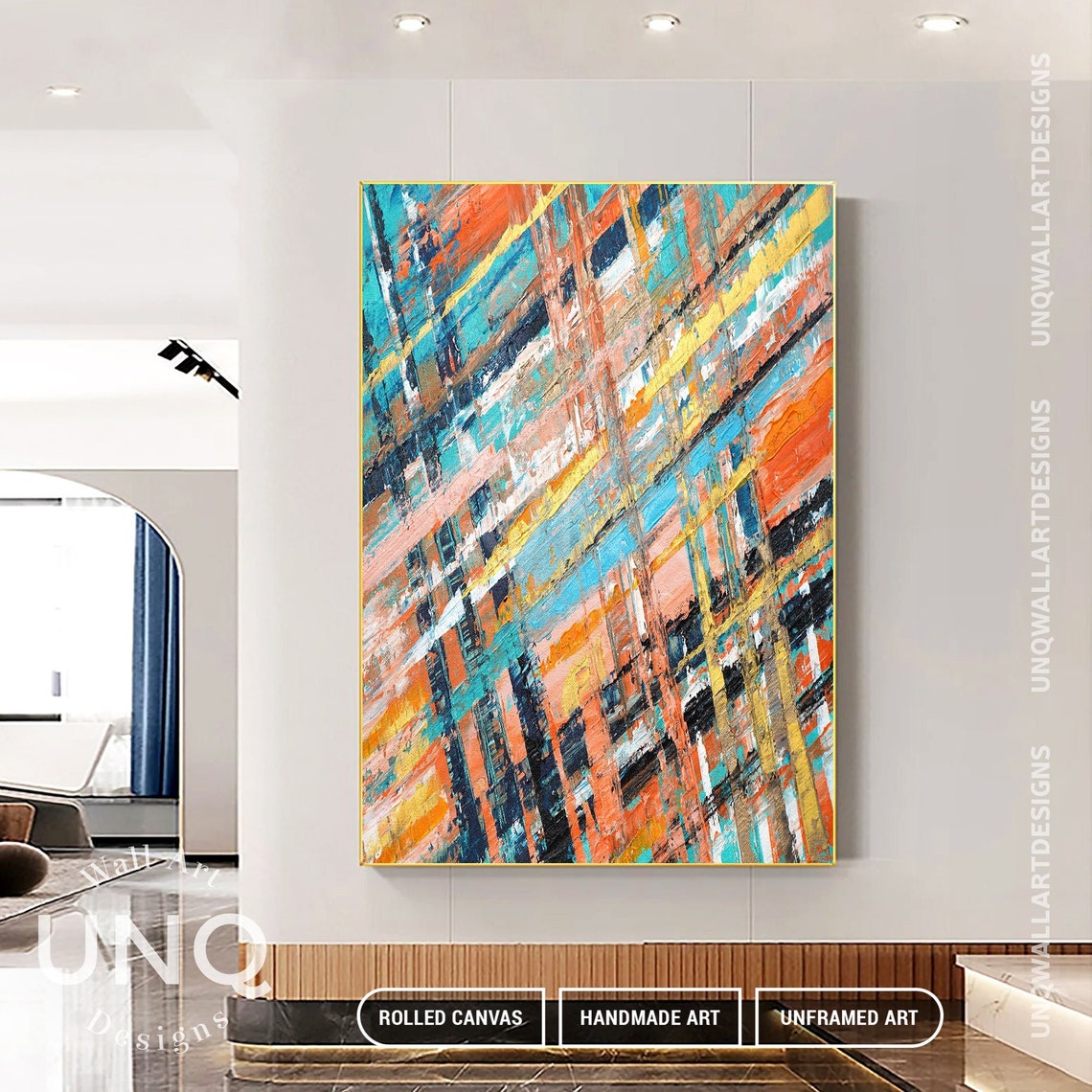 Orange Teal And Navy Diagonal Lines Colorful Modern Boho Art Poster - Image 7