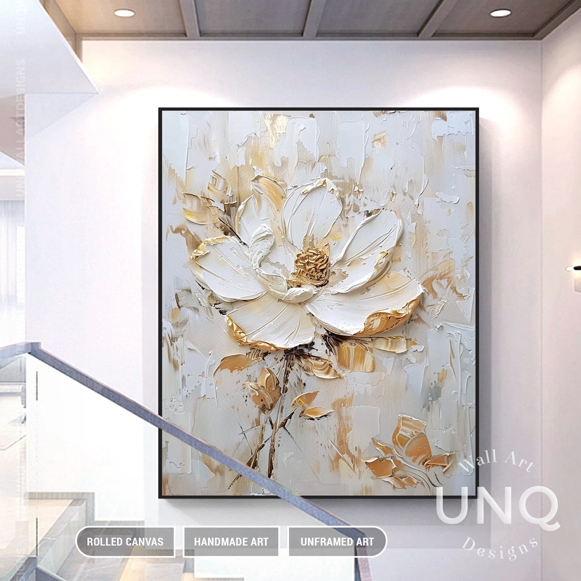 White And Gold Impasto Flower On Pale Grey Modern Floral Art Poster - Image 2