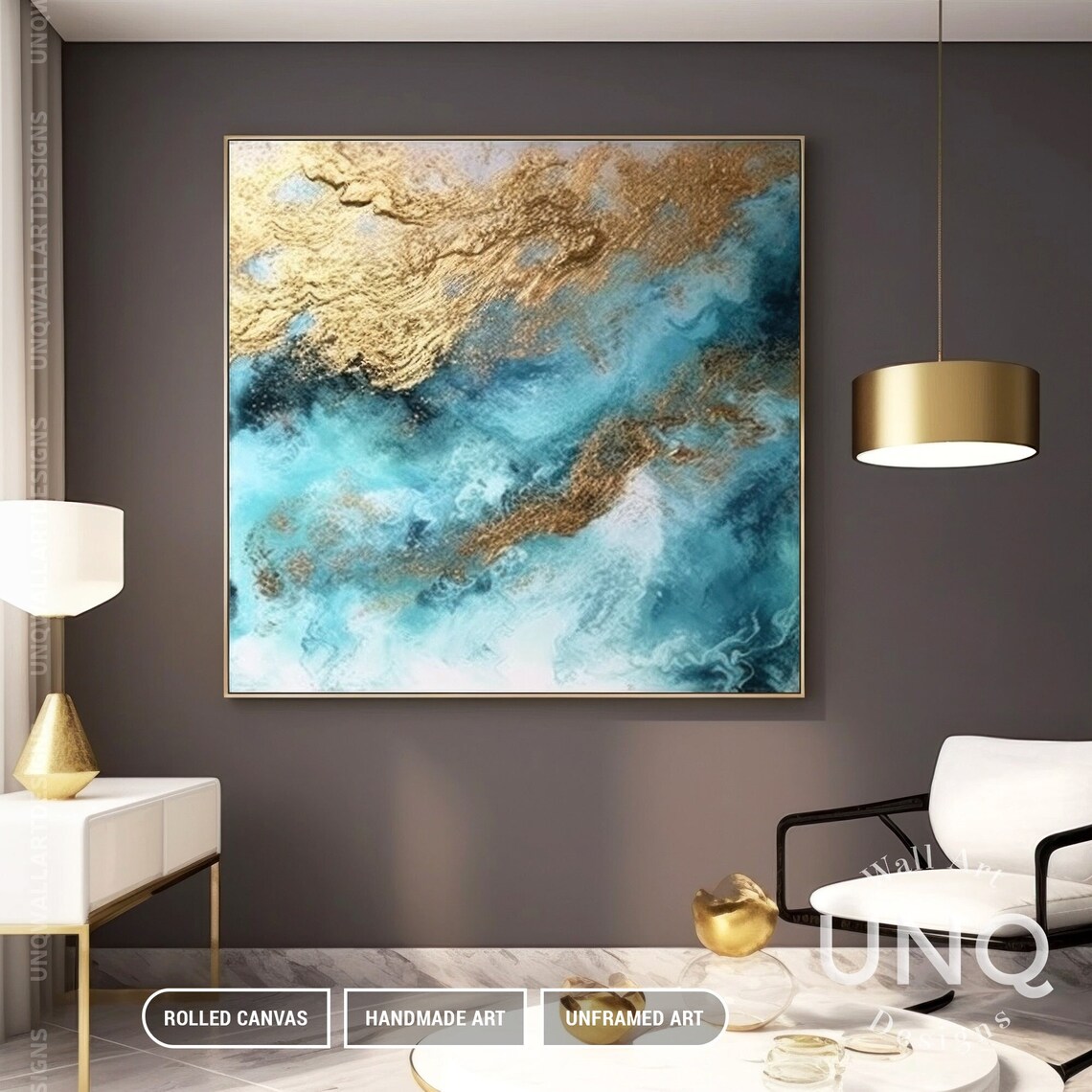 Blue Gold Leaf Ocean Abstract Wall Art Print - Image 3