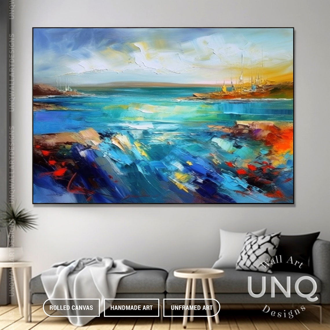 Turquoise Sea And Golden Sky Colorful Modern Coastal Painting Poster - Image 2