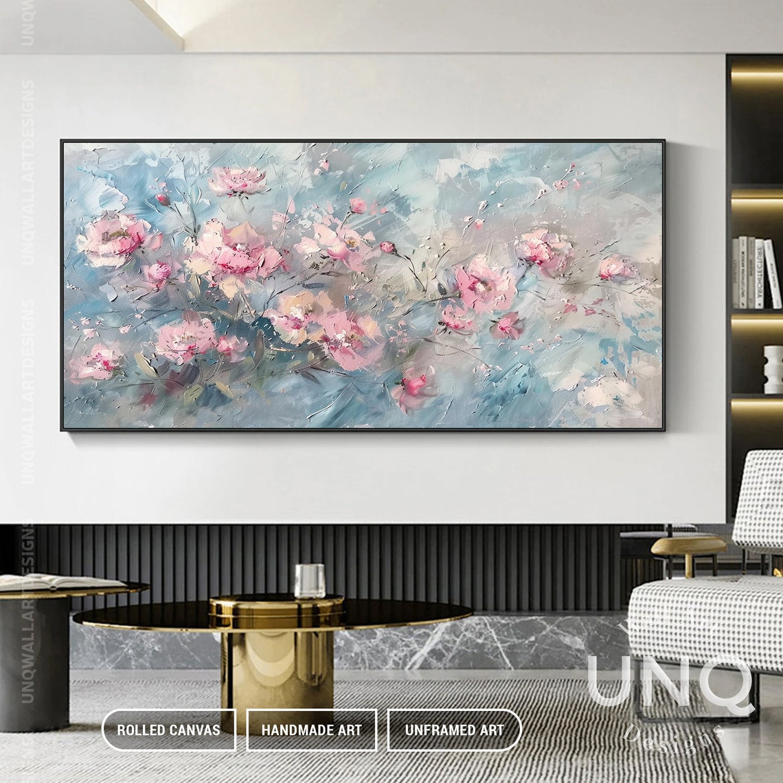 Pink Blossoms On Blue Grey Impressionist Floral Painting Art Poster - Image 5