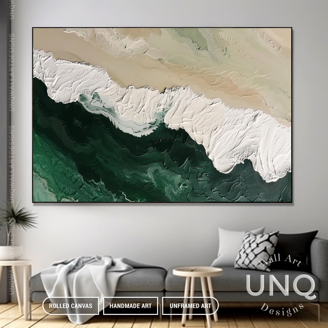 Emerald Green And Beige Abstract Sea Waves Heavy Impasto Art Poster - Image 4