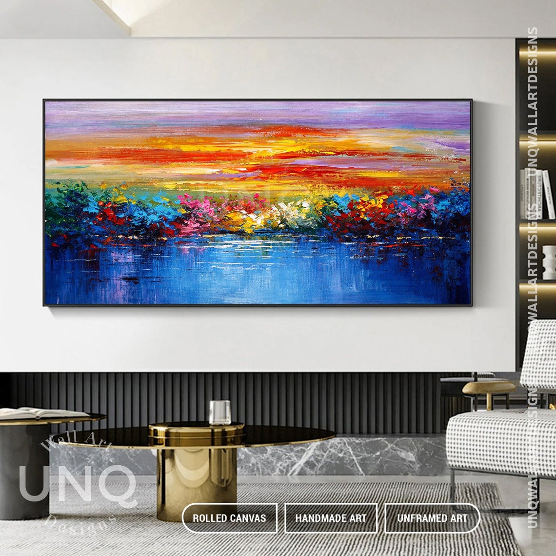 Colorful Lakeside Sunset Flowers Landscape Impasto Painting Art Poster - Image 5