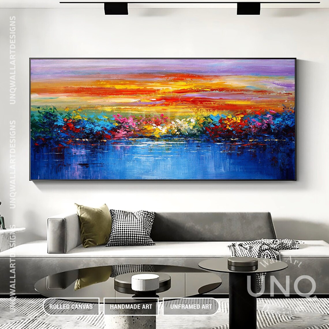 Colorful Lakeside Sunset Flowers Landscape Impasto Painting Art Poster - Image 3