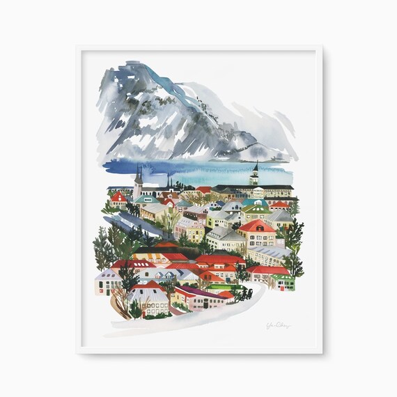 Reykjavik Iceland Watercolor Cityscape Mountain Travel Art Poster