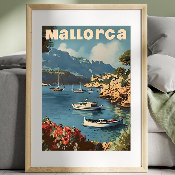 Mallorca Vintage Travel Poster Mediterranean Cove Boats Island View