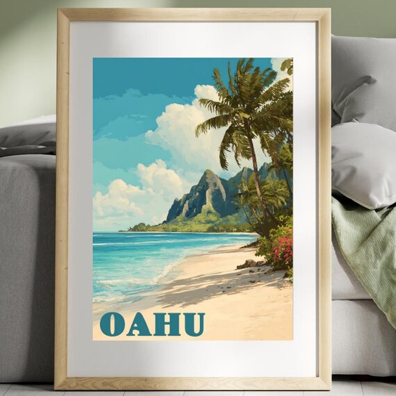 Oahu Hawaii Beach Travel Poster Palm Trees And Turquoise Water