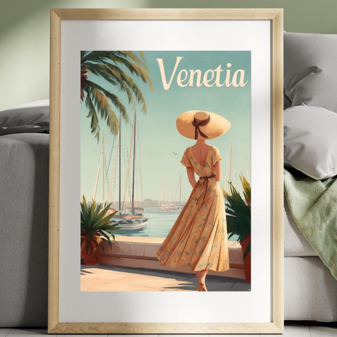 Venetia Harbor Sailboats Vintage Travel Poster Woman In Floral Dress
