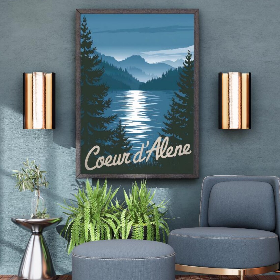 Coeur D Alene Idaho Moonlit Lake Pines Vintage Travel Poster Art