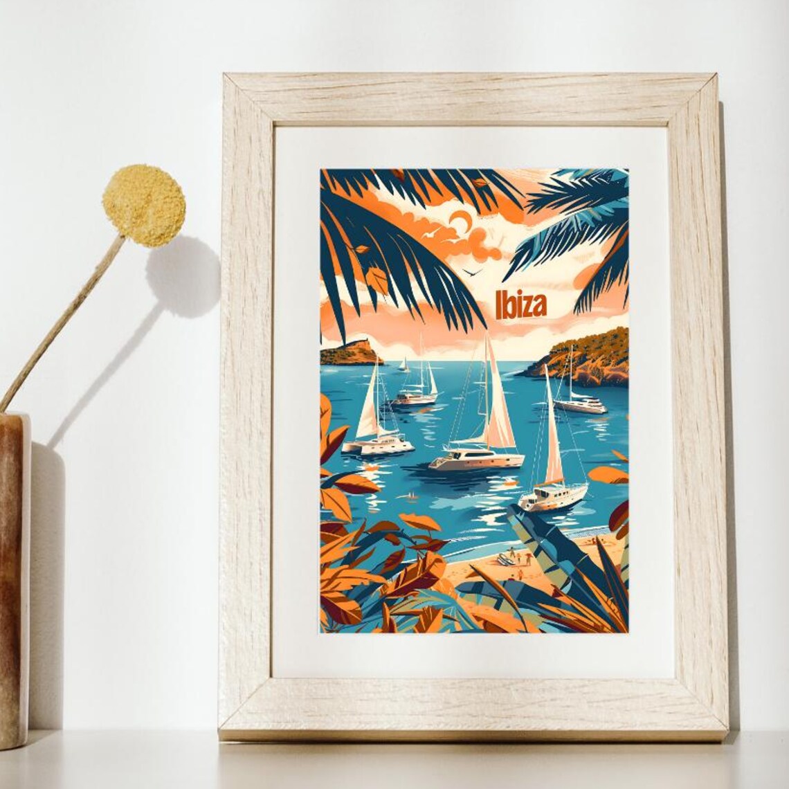 Ibiza Spain Sailboats Turquoise Bay Sunset Palm Retro Travel Poster