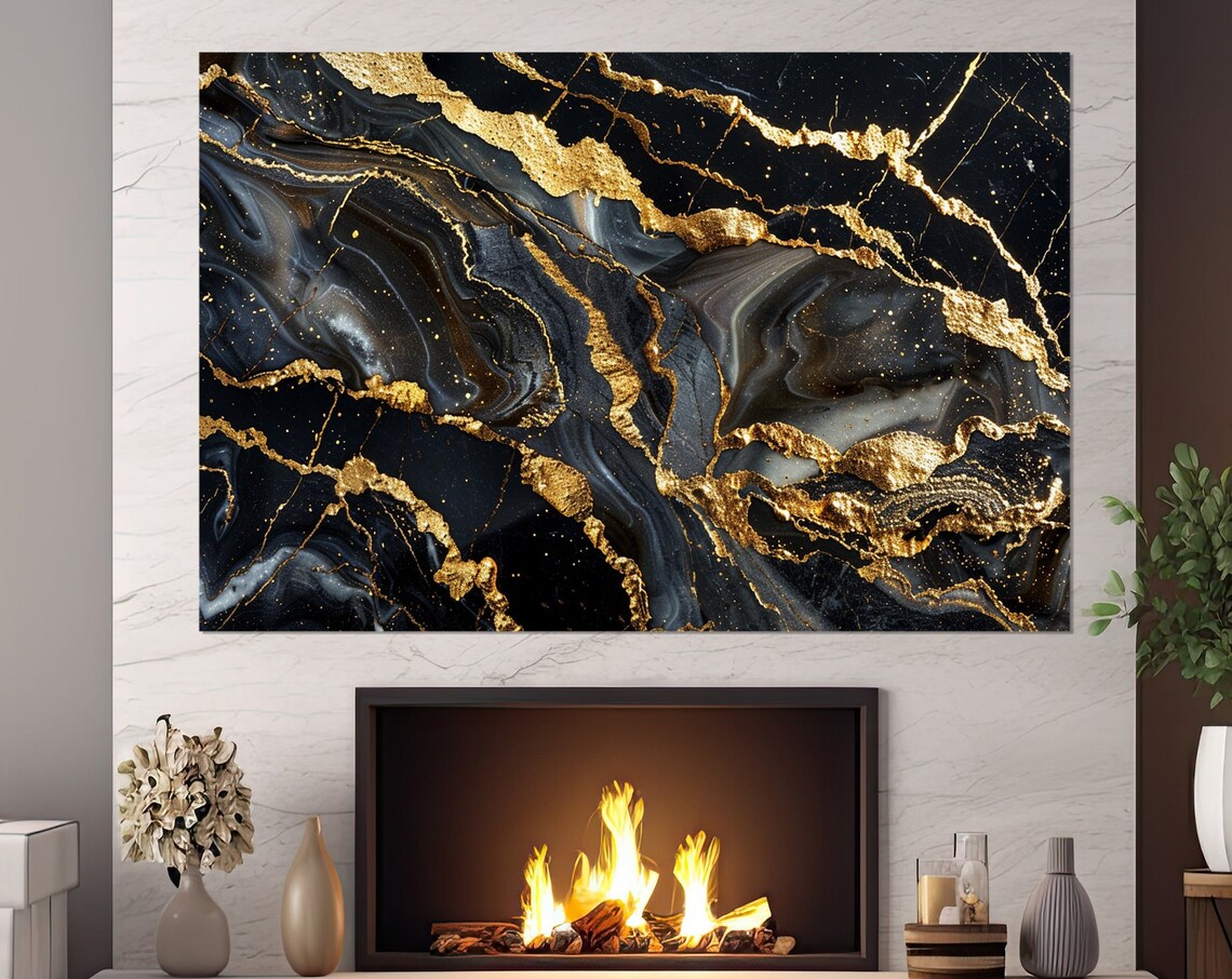 Black Marble Gold Foil Veins Abstract Elegant Contemporary Wall Poster