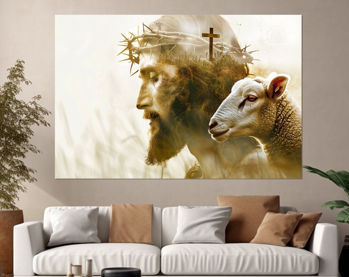 Jesus Christ And The Lamb Crown Of Thorns Cross Religious Wall Art