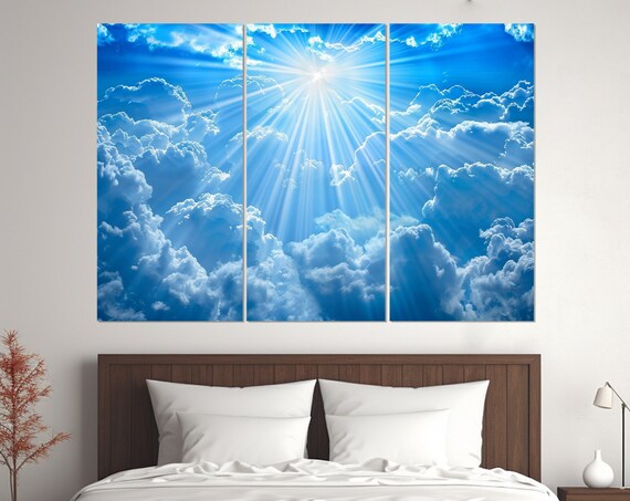 Heavenly Sun Rays Bursting Blue Clouds Triptych Divine Light Wall Art