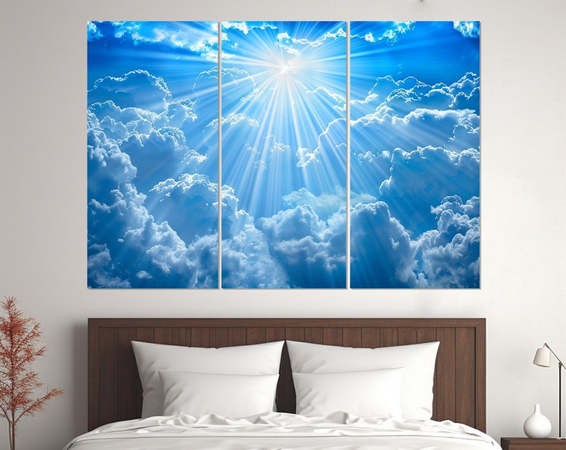 Heavenly Sun Rays Bursting Blue Clouds Triptych Divine Light Wall Art