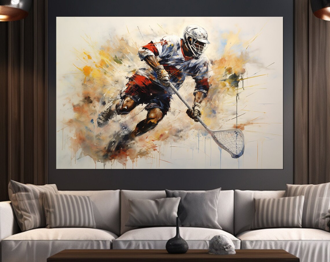 Dynamic Lacrosse Player Watercolor Action Sports Painting Poster