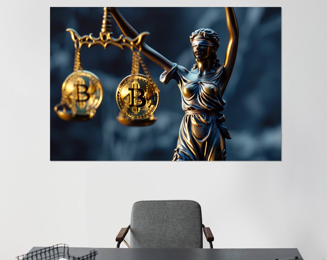 Lady Justice Weighing Bitcoin Scales Crypto Law Office Poster
