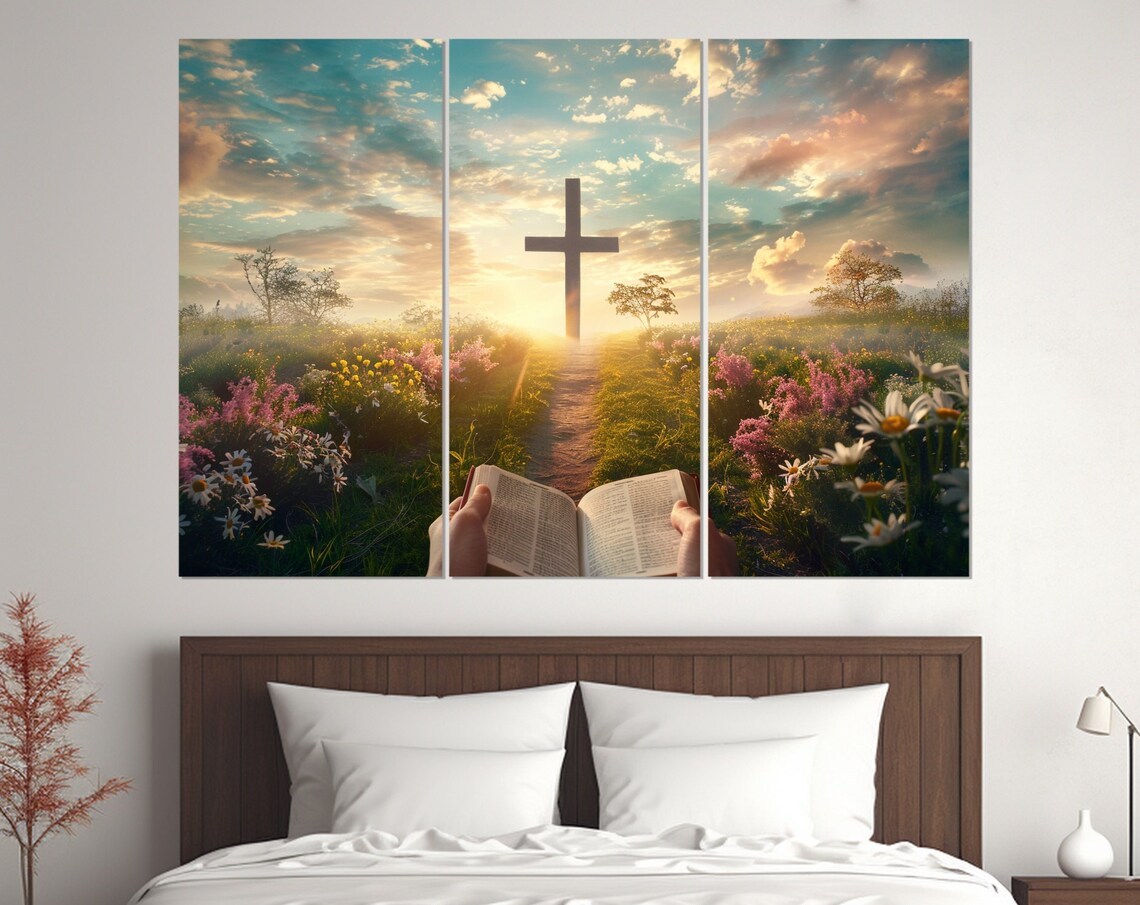 Open Bible Cross Sunrise Wildflower Meadow Path Triptych Faith Wall Art