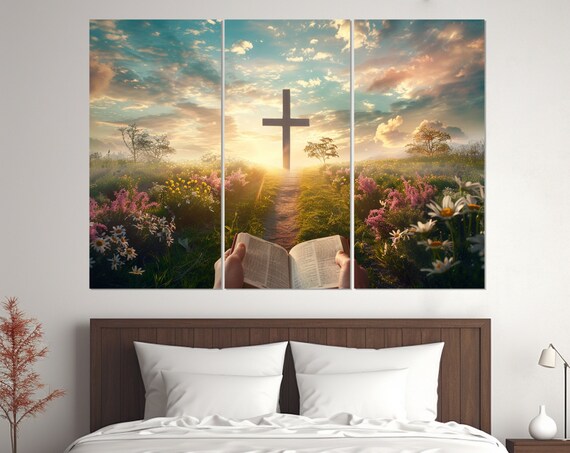 Open Bible Cross Sunrise Wildflower Meadow Path Triptych Faith Wall Art