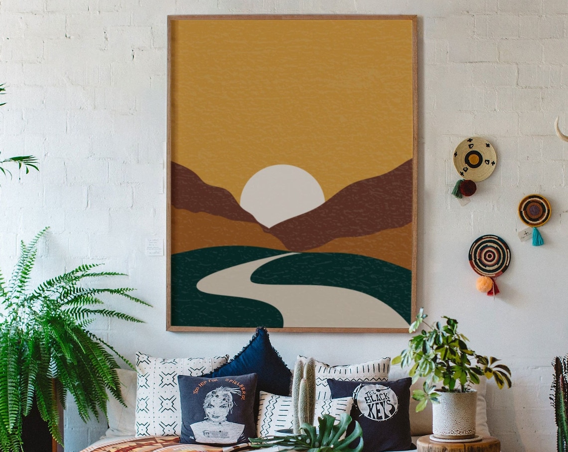 Minimalist Desert Sunset Winding Road Landscape Terracotta Art Poster