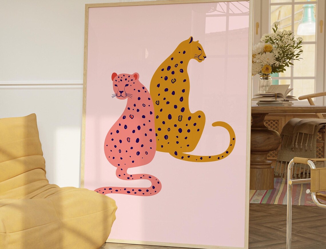 Pink and Gold Cheetah Pair Decorative Safari Illustration Poster