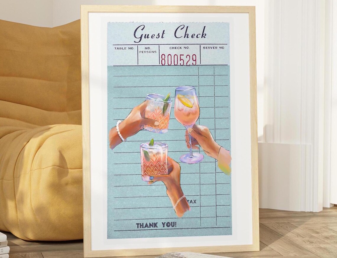 Guest Check Cocktail Toast Retro Receipt Cheers Blue Bar Art Poster