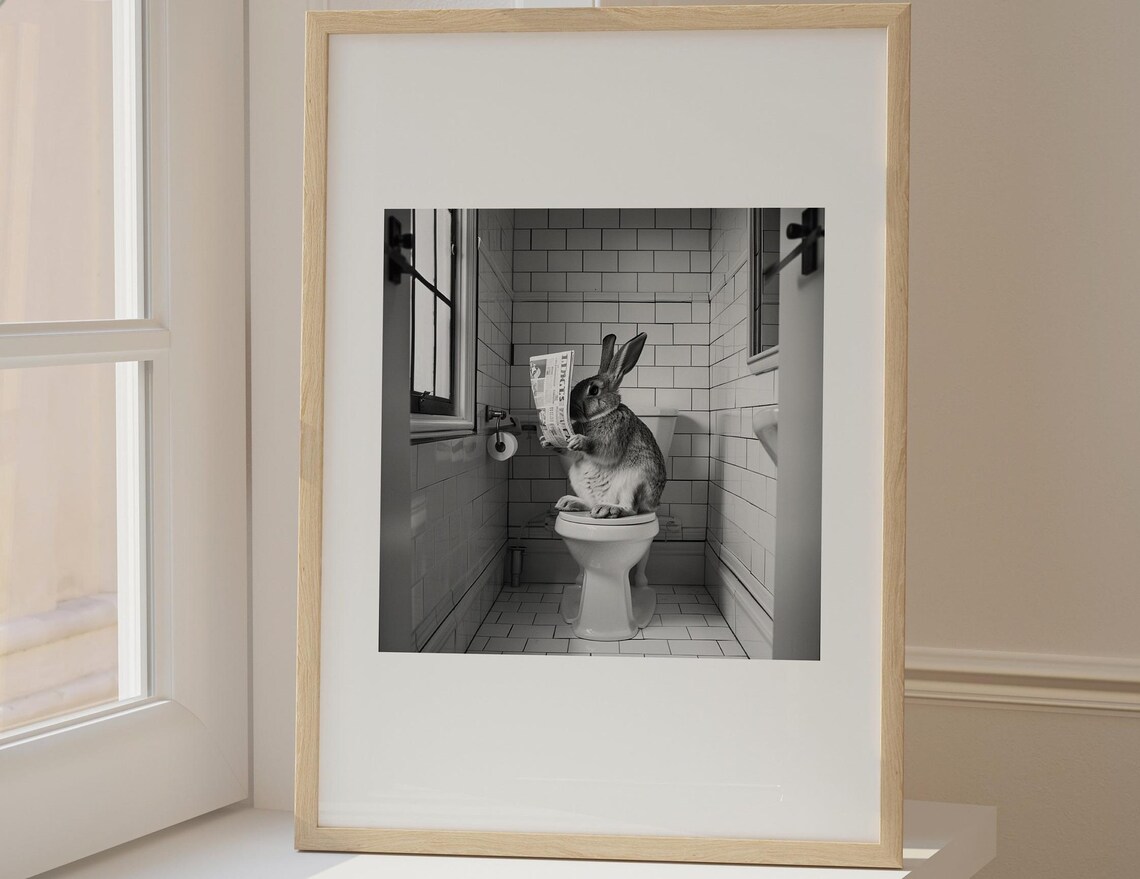 Funny Bunny on Toilet Reading Newspaper Black and White Humor Poster