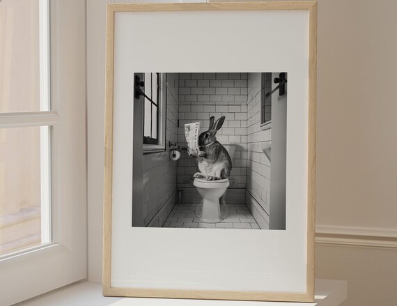Funny Bunny on Toilet Reading Newspaper Black and White Humor Poster