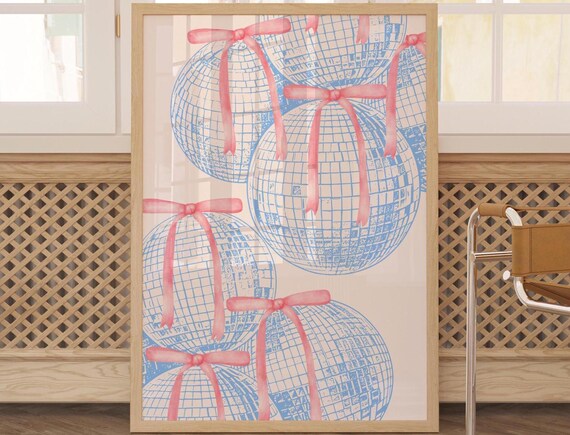 Blue Disco Balls Pink Bows Trendy Preppy Coquette Party Wall Art