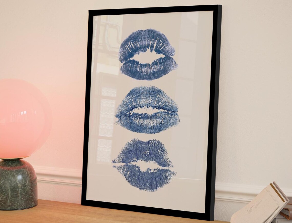 Blue Lip Prints, Modern Art Gift for Her
