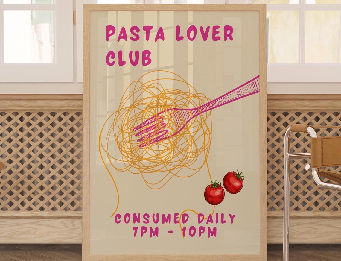 Pasta Lover Club Pink Spaghetti Fork Retro Kitchen Food Poster