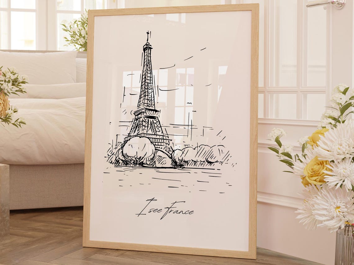 I See France Eiffel Tower Paris Ink Line Sketch Travel Art Poster