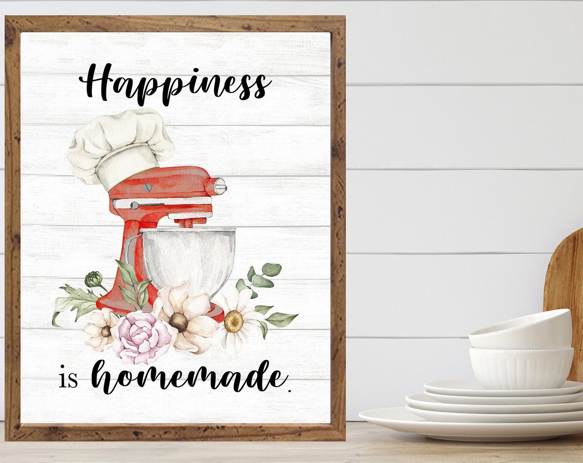 Happiness Is Homemade Red Stand Mixer Floral Shiplap Kitchen Poster