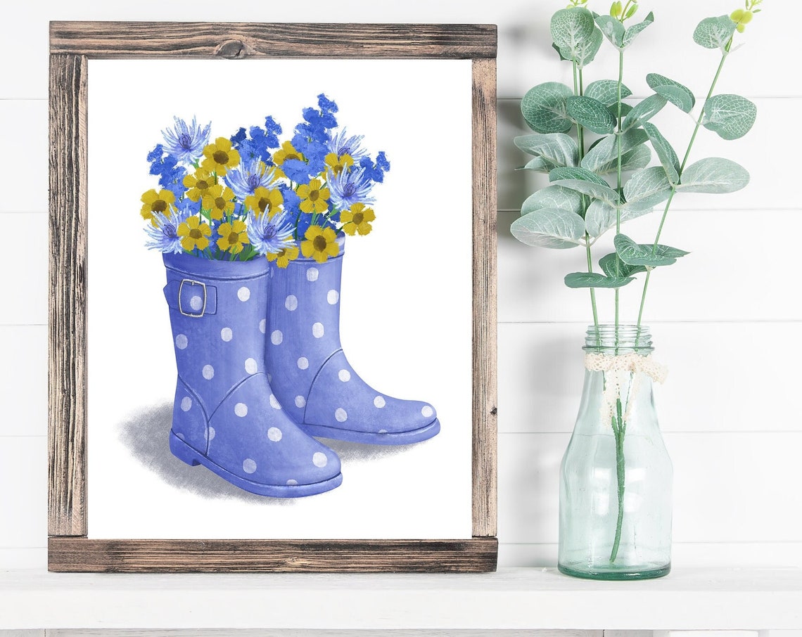 Polka Dot Rain Boots with Blue and Yellow Wildflower Wall Poster
