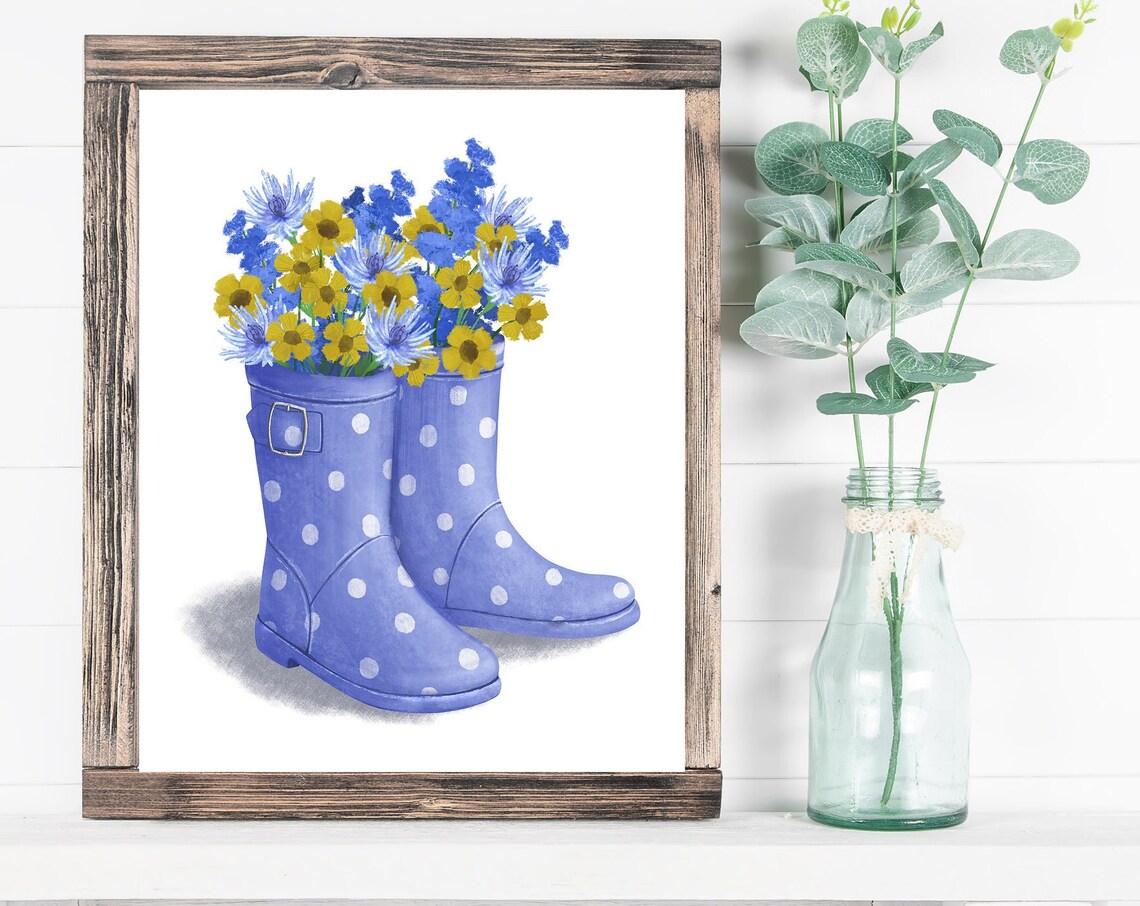 Purple Polka Dot Rain Boots with Colorful Wildflowers Poster