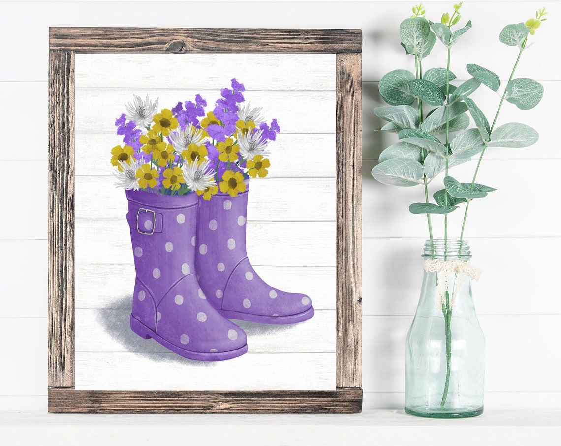 Purple Polka Dot Rain Boots Filled With Wildflowers No Text Poster