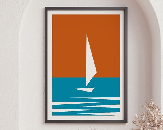 Sailboat Sunset Retro Travel Minimalist Ocean Sailing Graphic Art Poster