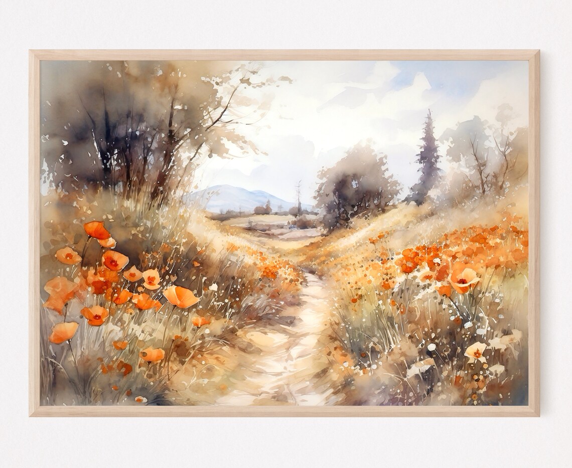 Orange Poppy Hillside Trail Summer Watercolor Nature Art Poster