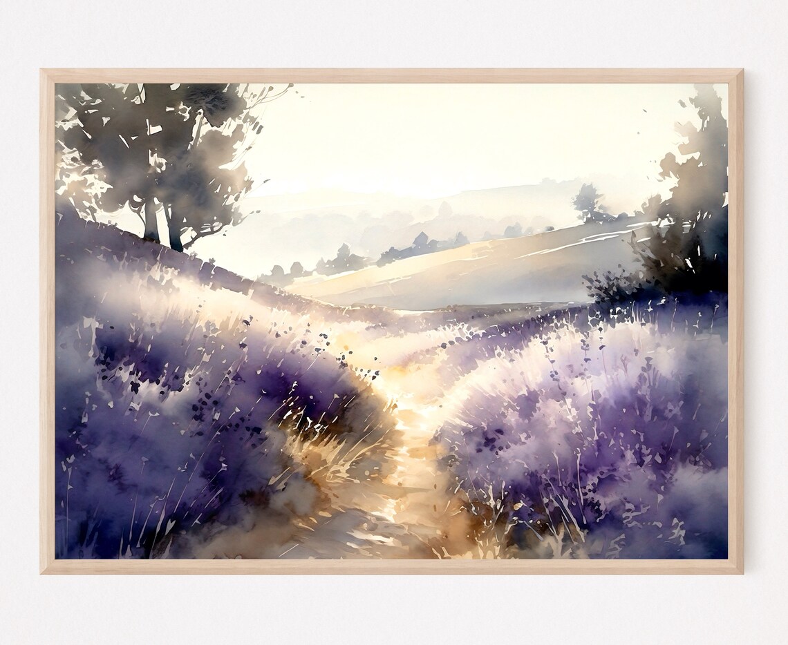 Lavender Trail Misty Hillside Dawn Watercolor Nature Art Poster
