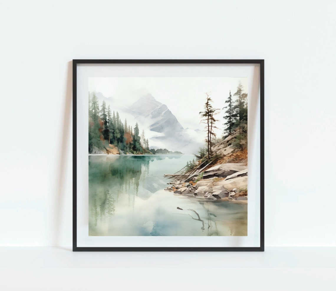Quiet Mountain Lake Mirror Reflections Evergreens Watercolor Poster - Image 2