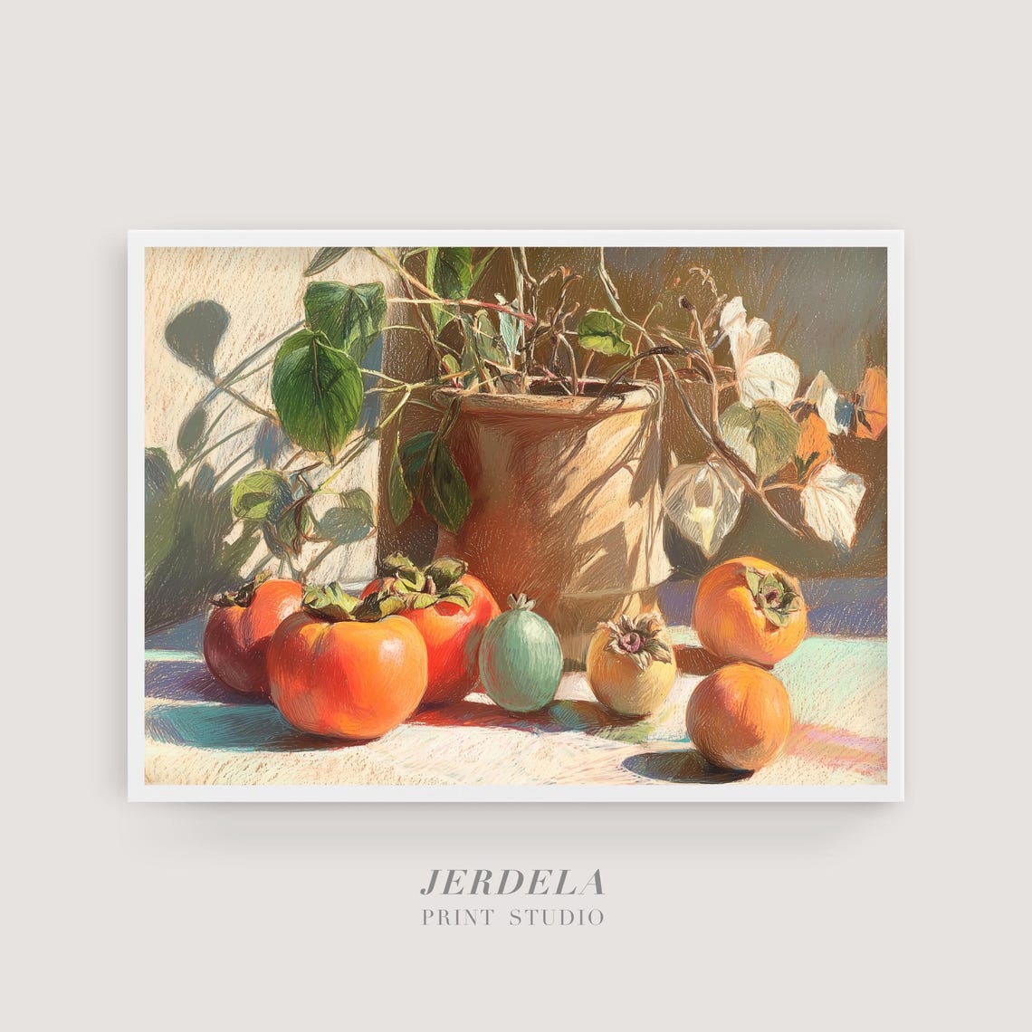 Mediterranean Still Life With Persimmon Vintage Pastel Art Poster