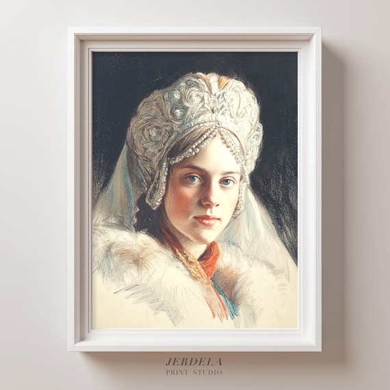Snow Maiden In Jeweled Kokoshnik Colored Pencil Portrait Art Poster