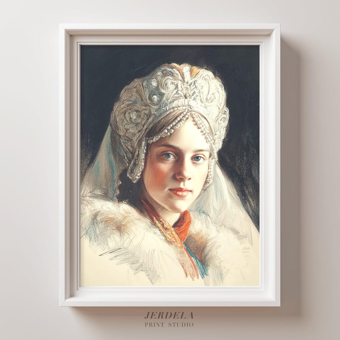 Snow Maiden In Jeweled Kokoshnik Colored Pencil Portrait Art Poster