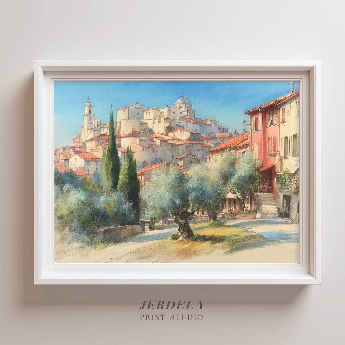 Tuscan Hillside Village Olive Trees Pastel Landscape Art Poster