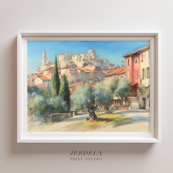 Tuscan Hillside Village Olive Trees Pastel Landscape Art Poster