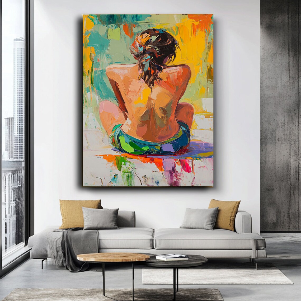 Colorful Back View Woman Sitting In Sun Abstract Vibrant Painting Art Poster - Image 3