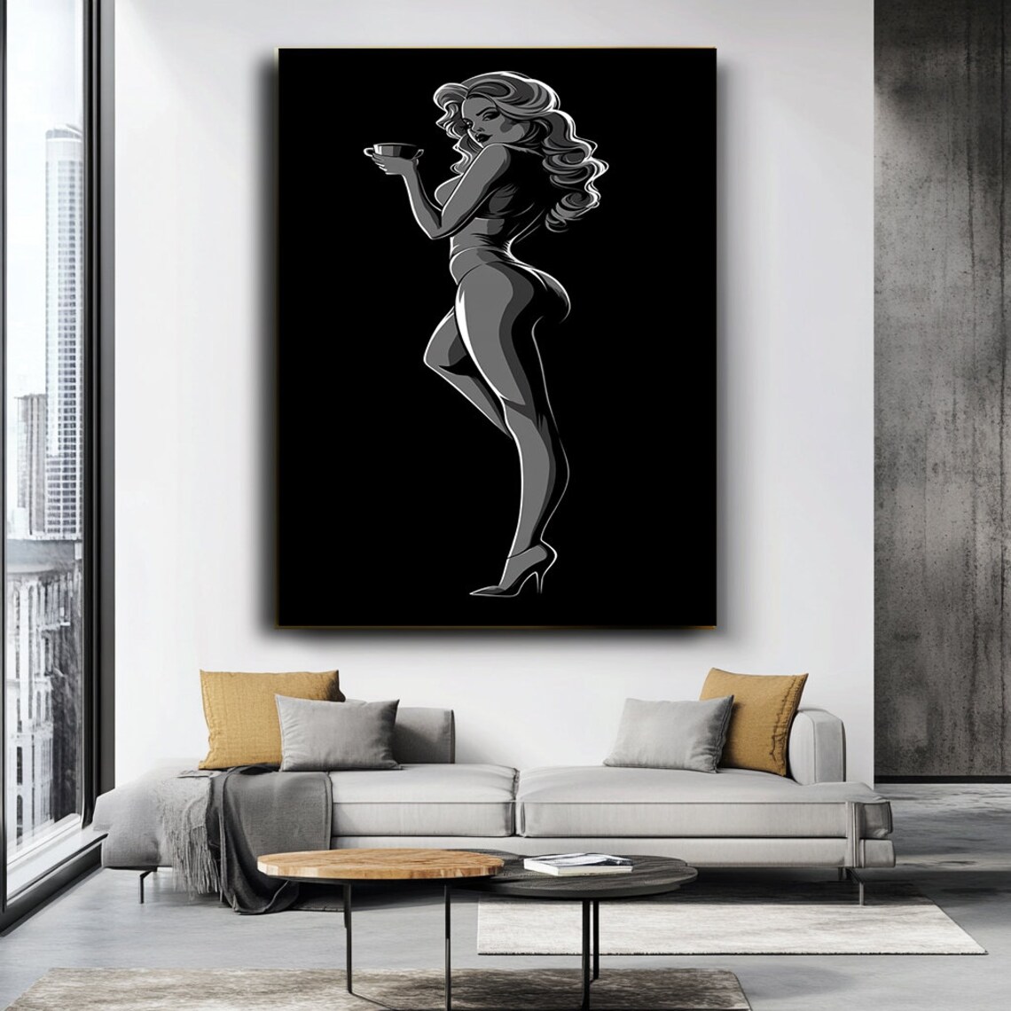 Pop Art Woman Coffee Cup Black White Silhouette Vintage Glamour Wall Poster - Image 3