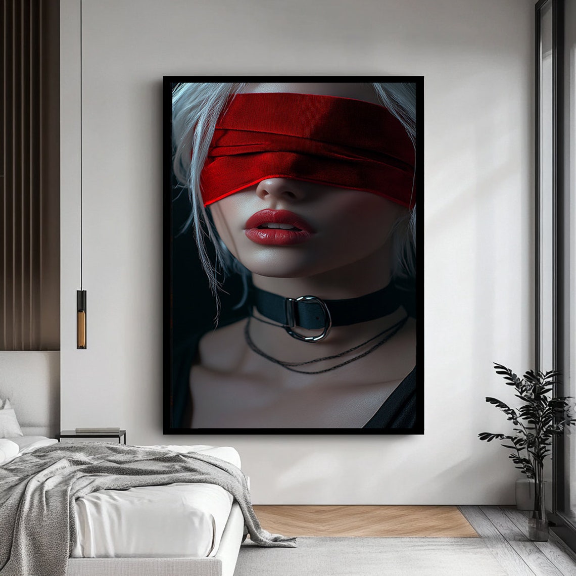 Silver Haired Woman In Red Blindfold And Choker Edgy Portrait Wall Art - Image 4