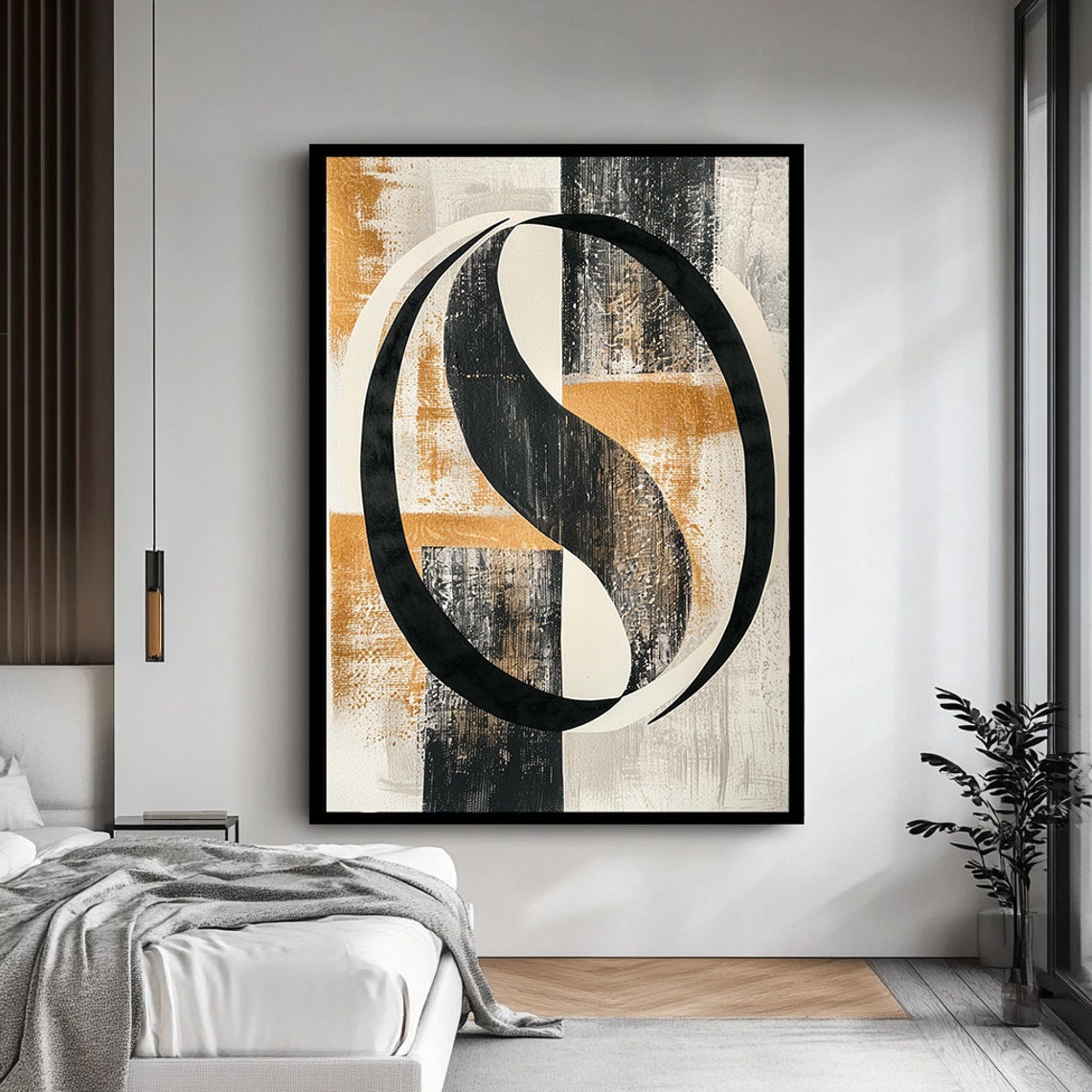 Black And Gold Interlocked Curves Abstract Brushstroke Wall Art - Image 4