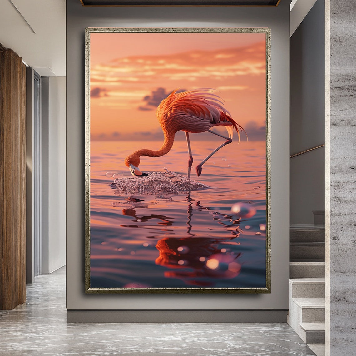 Flamingo Drinking Water Sunset Orange Reflection Bird Art Poster - Image 2