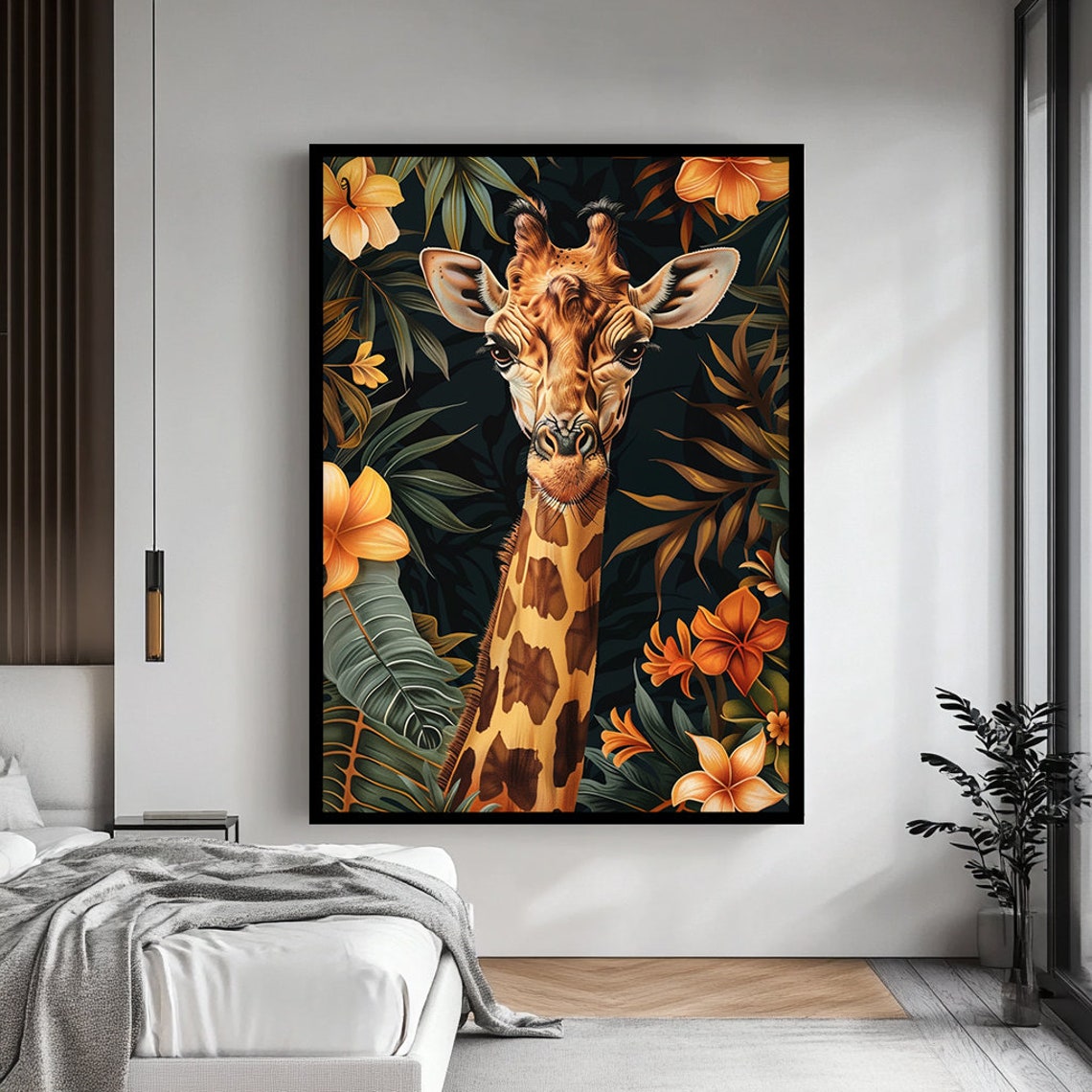 Giraffe Tropical Flowers Dark Jungle Portrait Animal Art Poster - Image 3